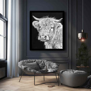 Black and white Highland cow portrait art for rustic farmhouse living room decor.