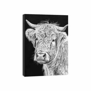 Black and white Highland cow portrait art for rustic farmhouse living room decor.
