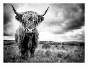 Black and white Highland cow landscape photography for rustic farmhouse decor.