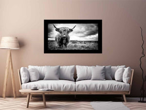 Black and white Highland cow landscape photography for rustic farmhouse decor.