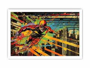Bold comic hero canvas art racing through a colorful city skyline for modern room decor.