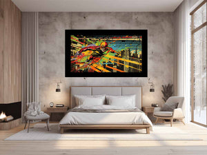 Bold comic hero canvas art racing through a colorful city skyline for modern room decor.