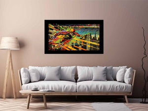 Bold comic hero canvas art racing through a colorful city skyline for modern room decor.