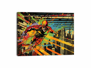 Bold comic hero canvas art racing through a colorful city skyline for modern room decor.
