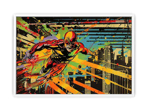 Bold comic hero canvas art racing through a colorful city skyline for modern room decor.