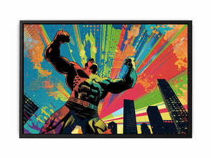 Colorful pop art superhero canvas with city skyline for bold modern room decor.