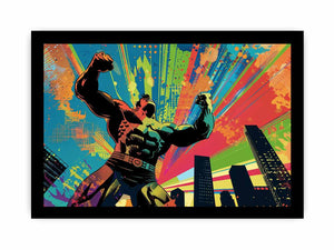 Colorful pop art superhero canvas with city skyline for bold modern room decor.