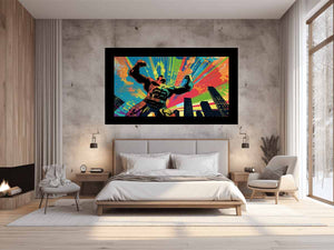 Colorful pop art superhero canvas with city skyline for bold modern room decor.