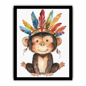 Cute watercolor monkey canvas art with colorful feathers for nursery or kids room decor.
