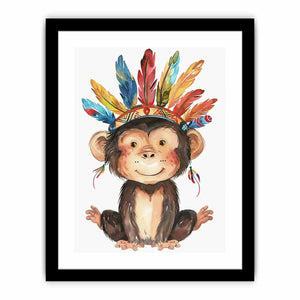 Cute watercolor monkey canvas art with colorful feathers for nursery or kids room decor.