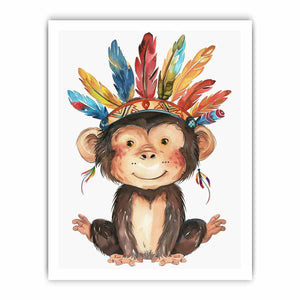 Cute watercolor monkey canvas art with colorful feathers for nursery or kids room decor.