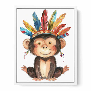 Cute watercolor monkey canvas art with colorful feathers for nursery or kids room decor.