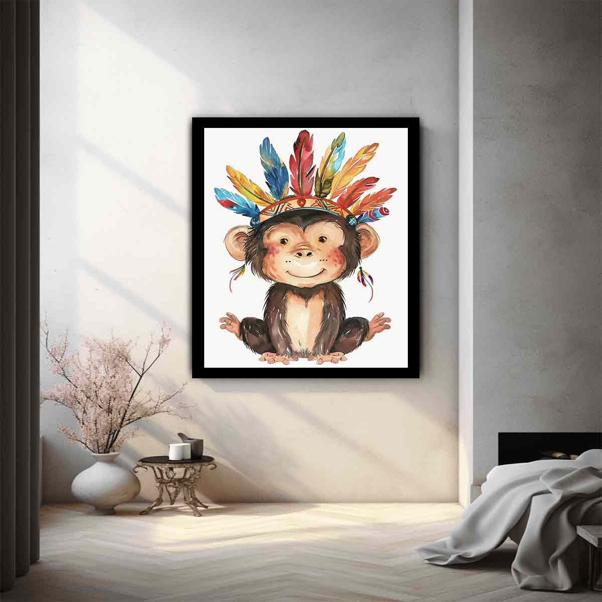 Cute watercolor monkey canvas art with colorful feathers for nursery or kids room decor.
