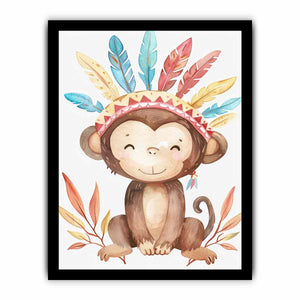 Boho watercolor monkey canvas with pastel feathers and leaves for nursery wall decor.