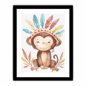 Boho watercolor monkey canvas with pastel feathers and leaves for nursery wall decor.