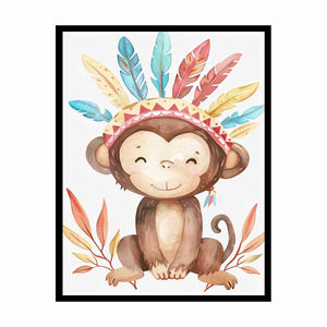 Boho watercolor monkey canvas with pastel feathers and leaves for nursery wall decor.