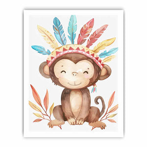 Boho watercolor monkey canvas with pastel feathers and leaves for nursery wall decor.