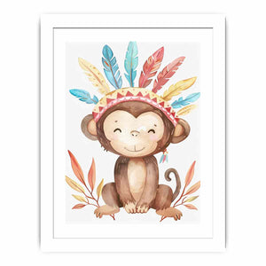 Boho watercolor monkey canvas with pastel feathers and leaves for nursery wall decor.