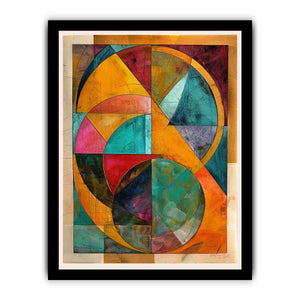 Warm geometric abstract canvas art with teal and mustard circles for modern dining room decor.