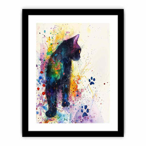 Colorful watercolor black cat canvas art with paint splashes for playful home decor.
