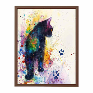 Colorful watercolor black cat canvas art with paint splashes for playful home decor.