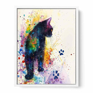 Colorful watercolor black cat canvas art with paint splashes for playful home decor.