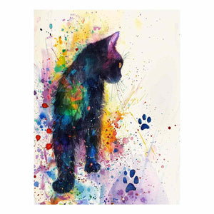 Colorful watercolor black cat canvas art with paint splashes for playful home decor.
