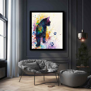 Colorful watercolor black cat canvas art with paint splashes for playful home decor.