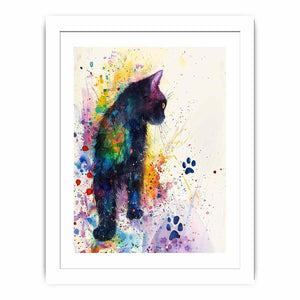 Colorful watercolor black cat canvas art with paint splashes for playful home decor.