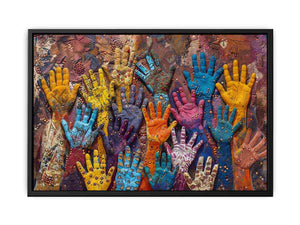 Colorful raised hands canvas art with cultural texture for modern office or living room decor.