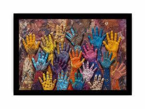 Colorful raised hands canvas art with cultural texture for modern office or living room decor.