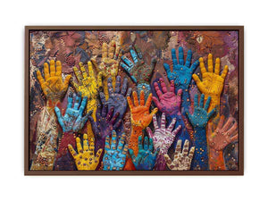 Colorful raised hands canvas art with cultural texture for modern office or living room decor.
