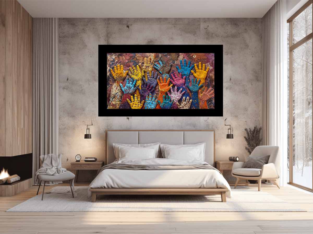 Colorful raised hands canvas art with cultural texture for modern office or living room decor.