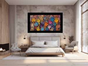 Colorful raised hands canvas art with cultural texture for modern office or living room decor.