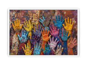 Colorful raised hands canvas art with cultural texture for modern office or living room decor.