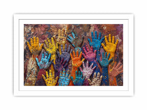 Colorful raised hands canvas art with cultural texture for modern office or living room decor.