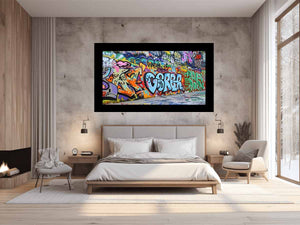 Colorful graffiti wall canvas art with urban street mural style for loft or office decor.