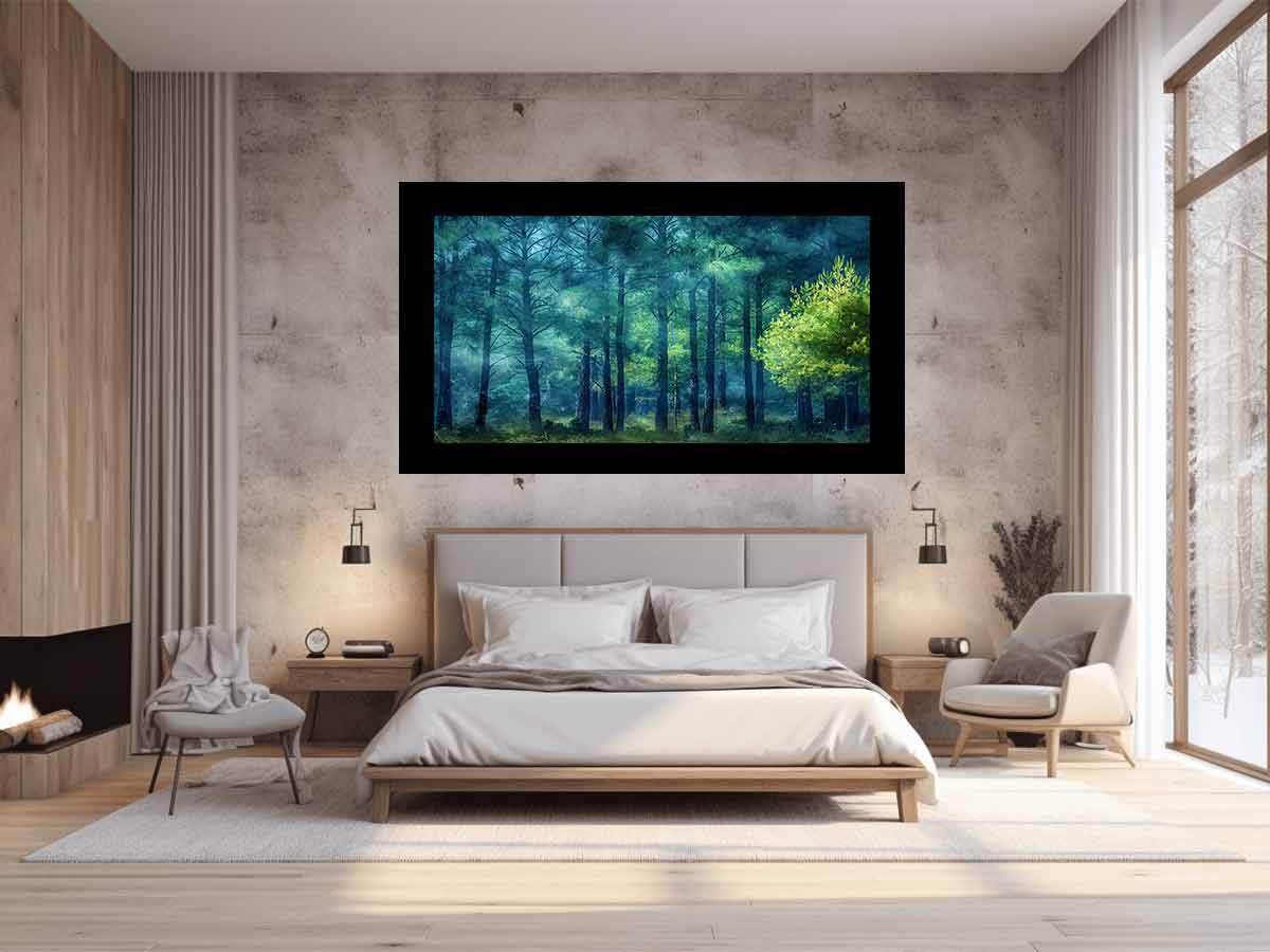 Moody emerald forest canvas art with misty trees for calm bedroom or office decor.