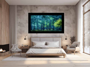 Moody emerald forest canvas art with misty trees for calm bedroom or office decor.