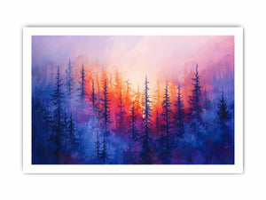 Dreamy sunset pine forest canvas art with pink and blue mist for peaceful bedroom decor.