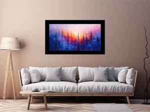 Dreamy sunset pine forest canvas art with pink and blue mist for peaceful bedroom decor.