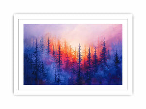 Dreamy sunset pine forest canvas art with pink and blue mist for peaceful bedroom decor.