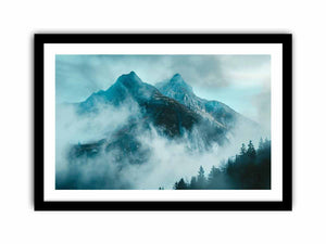Misty blue mountain canvas art with fog and evergreen trees for modern living room decor.