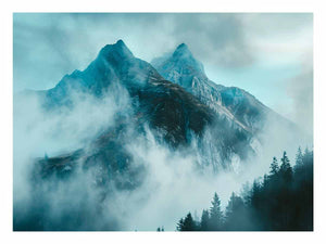 Misty blue mountain canvas art with fog and evergreen trees for modern living room decor.