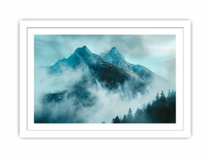 Misty blue mountain canvas art with fog and evergreen trees for modern living room decor.