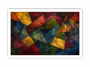 Bold geometric abstract canvas art with jewel tones for modern living room decor.
