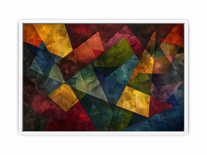Bold geometric abstract canvas art with jewel tones for modern living room decor.