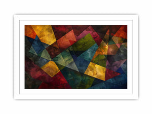 Bold geometric abstract canvas art with jewel tones for modern living room decor.