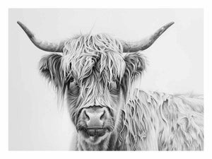 Black and white Highland cow drawing canvas art for farmhouse living room decor.