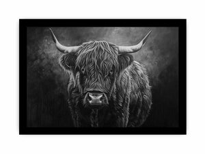 Moody black and white Highland cow canvas wall art for rustic modern office decor.